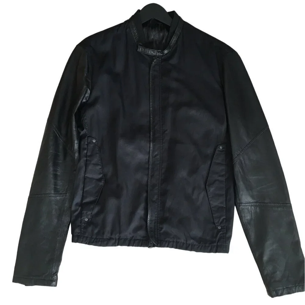 Mens Black Biker Jacket With Faux Leather Sleeves & Zip Closure Size M